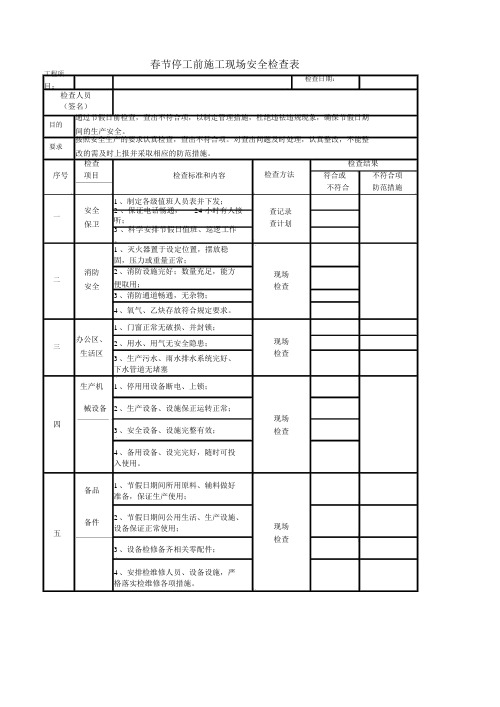 春节停工前施工现场安全检查表