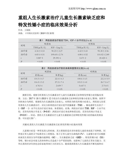 重组人生长激素治疗儿童生长激素缺乏症和特发性矮小症的临床效果分析