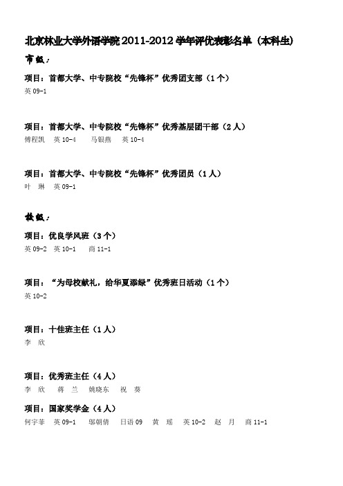 北京林业大学外语学院2011-2012学年评优表彰名单(本科生)(1)