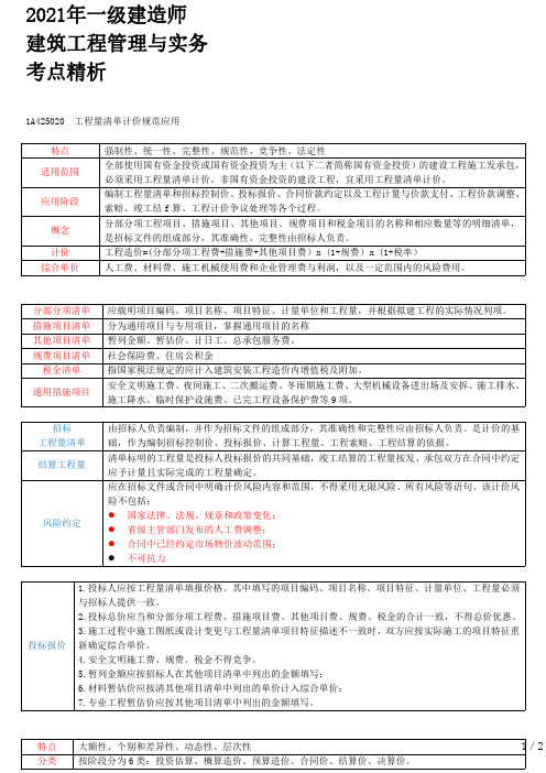 2021年一建建筑章节考点精析 1A425020 工程量清单计价规范应用-1A425030 工程造价