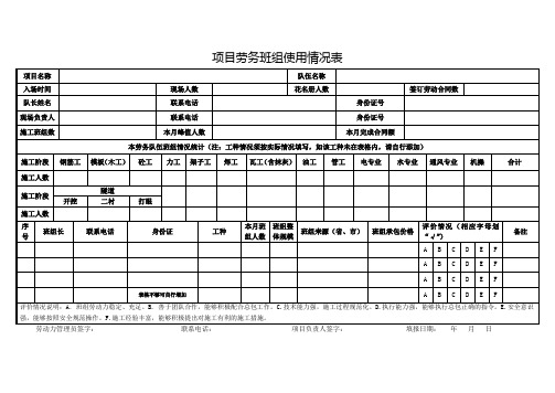 项目劳务班组使用情况表