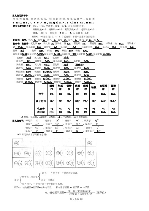 初中化学常见的元素符号