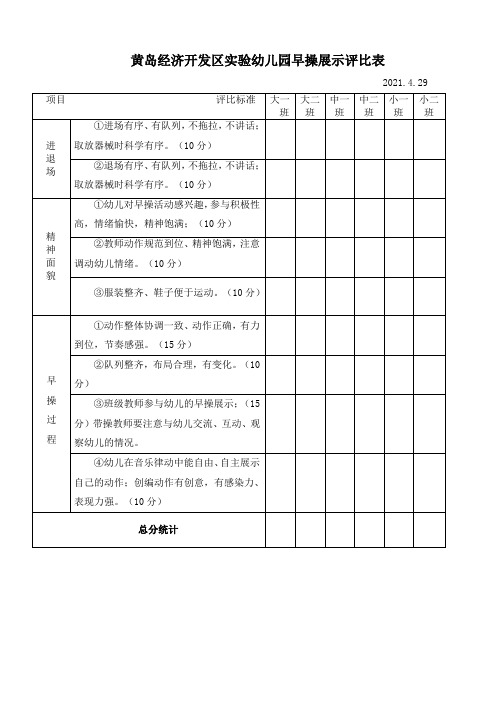 幼儿园早操比赛活动方案+评比表