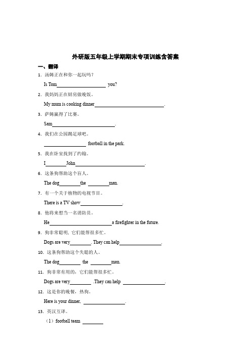 外研版五年级上学期期末试题含参考答案(5篇)