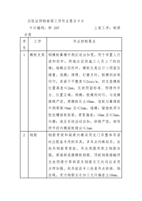 后张法预制箱梁工序作业要点卡片