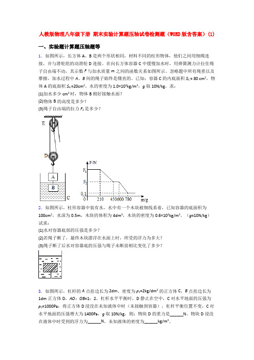 人教版物理八年级下册 期末实验计算题压轴试卷检测题(WORD版含答案)(111)