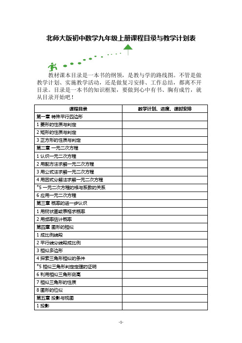 北师大版初中数学九年级上册课程目录与教学计划表