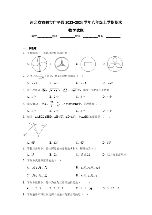 河北省邯郸市广平县2023-2024学年八年级上学期期末考试数学试卷(含解析)