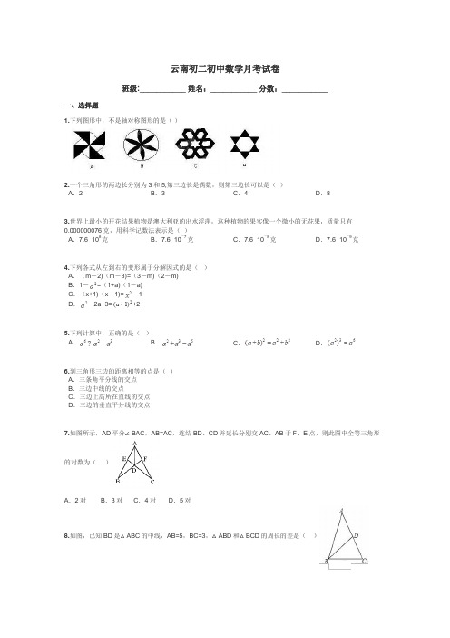 云南初二初中数学月考试卷带答案解析
