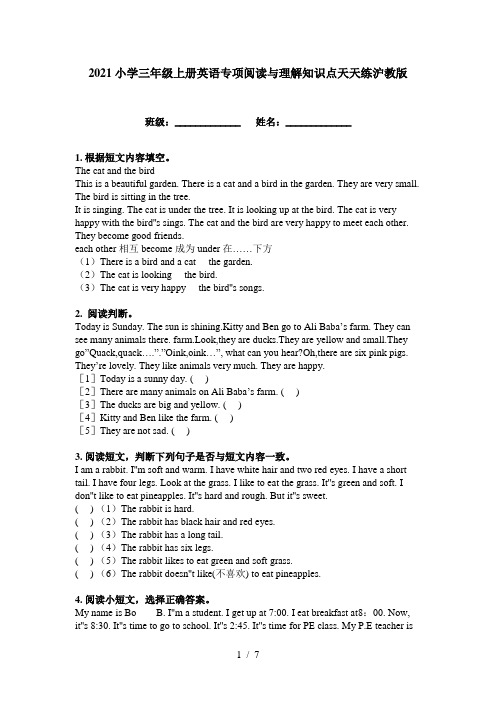 2021小学三年级上册英语专项阅读与理解知识点天天练沪教版