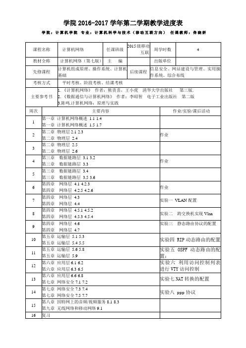 15级移动互联专业《计算机网络》教学进度表