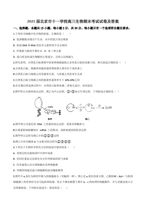 2021届北京市十一学校高三生物期末考试试卷及答案