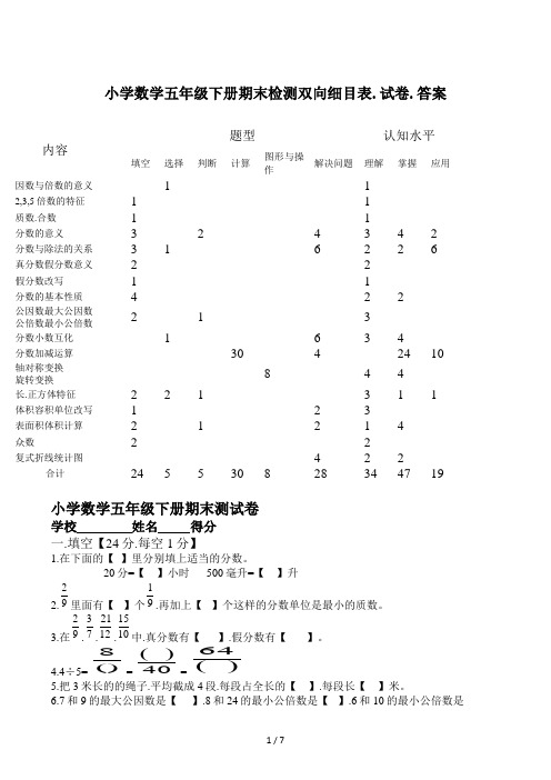 小学数学五年级下册期末检测双向细目表、试卷、答案