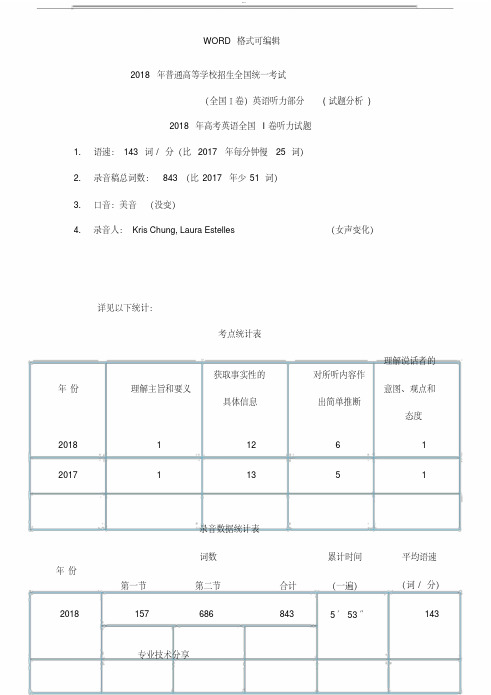 2018高考英语真题听力详细分析报告书(全国1卷)