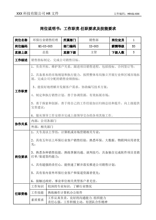 环保行业销售经理岗位说明书工作职责和任职要求