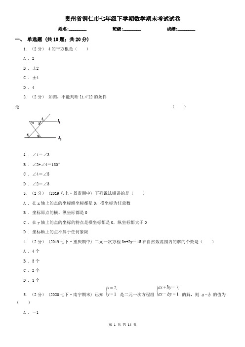 贵州省铜仁市七年级下学期数学期末考试试卷