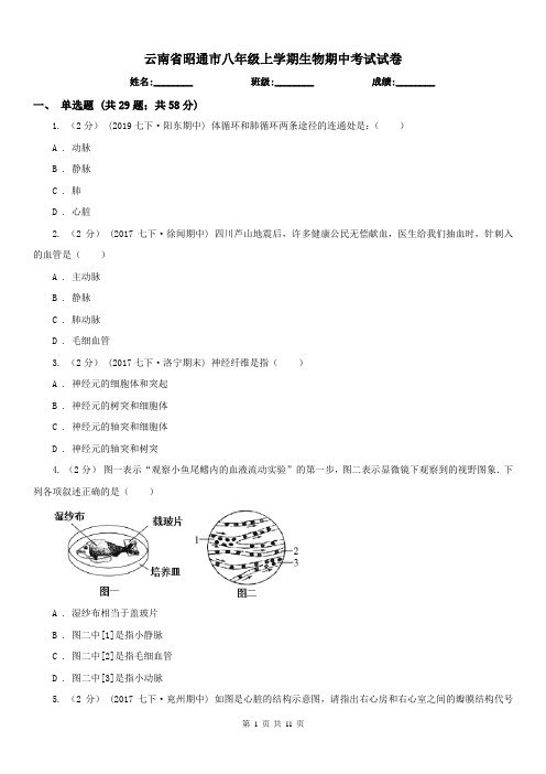 云南省昭通市八年级上学期生物期中考试试卷