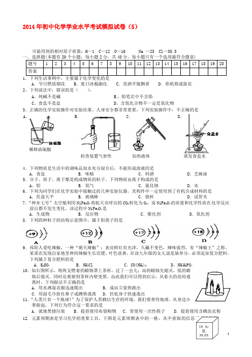 2014年初中化学学业水平考试模拟试卷(5)