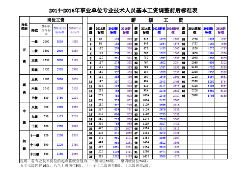 2014-2016年事业单位专业技术人员基本工资调整前后标准表