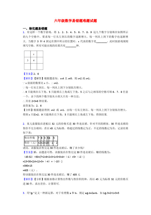 六年级数学易错题难题试题