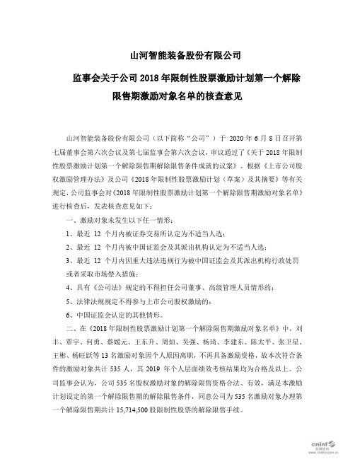 山河智能：监事会关于公司2018年限制性股票激励计划第一个解除限售期激励对象名单的核查意见