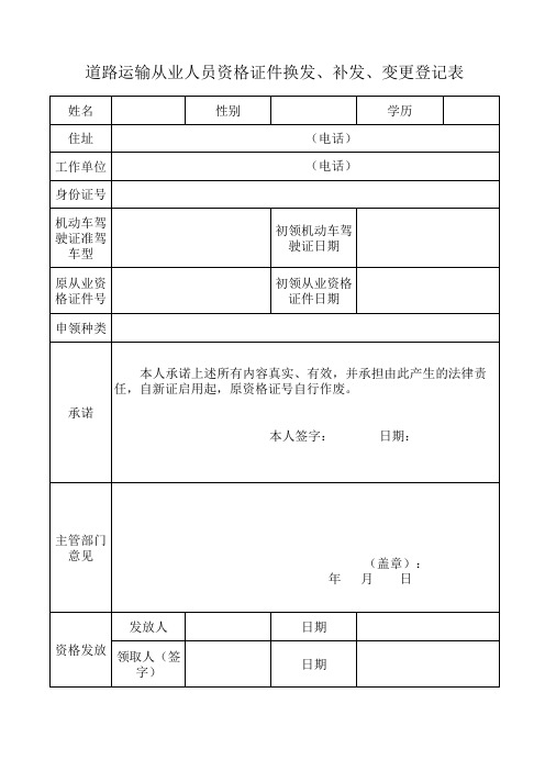 道路运输从业人员资格证件换发、补发、变更登记表