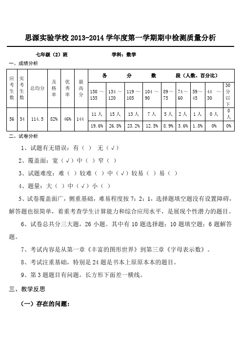 思源实验学校2013质量分析