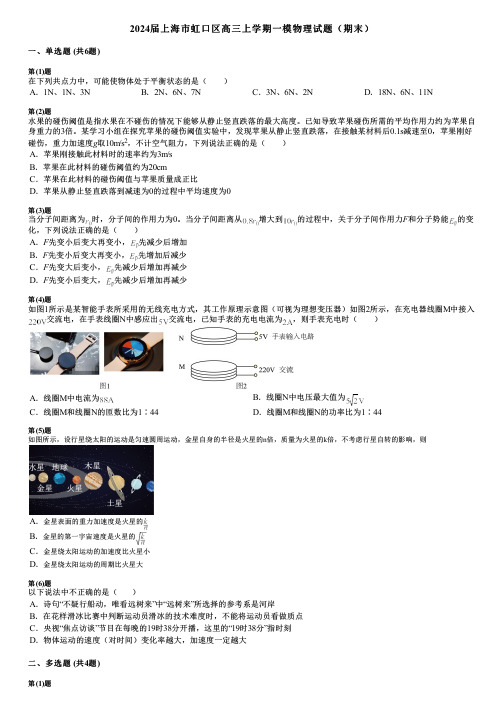 2024届上海市虹口区高三上学期一模物理试题(期末)