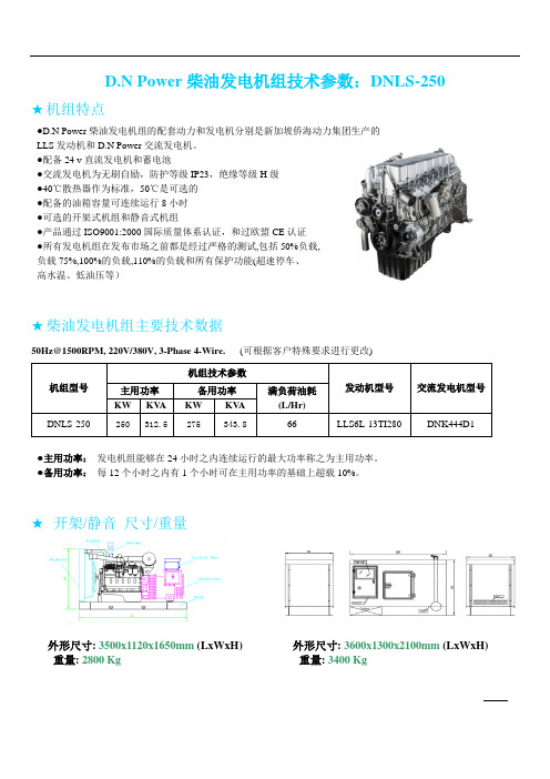 250kw柴油发电机组技术参数 DNLS-250