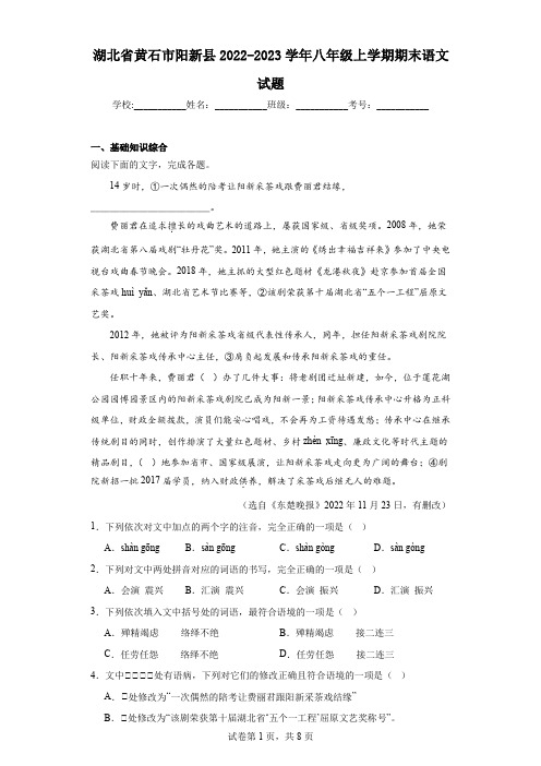 湖北省黄石市阳新县2022-2023学年八年级上学期期末语文试题