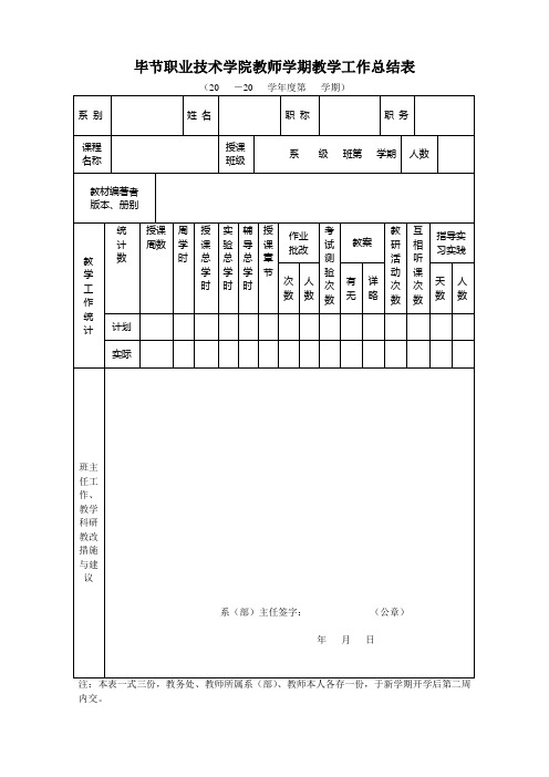 毕节职业技术学院教师学期教学工作总结表