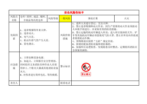 仓库(原料、成品、辅料、半制品等丙类仓库安全风险告知卡