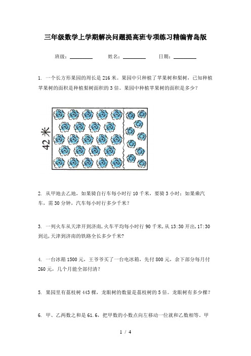 三年级数学上学期解决问题提高班专项练习精编青岛版