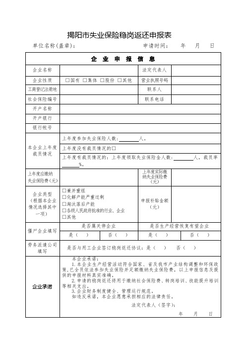 揭阳市失业保险稳岗返还申报表