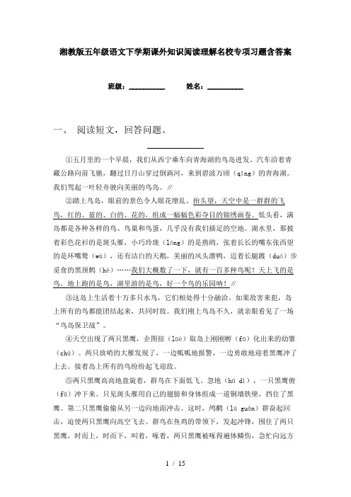 湘教版五年级语文下学期课外知识阅读理解名校专项习题含答案