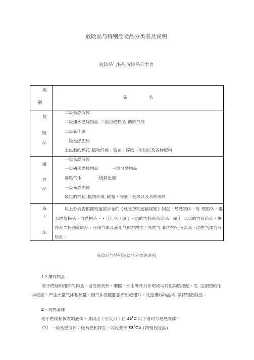 危险品与特别危险品分类表及说明