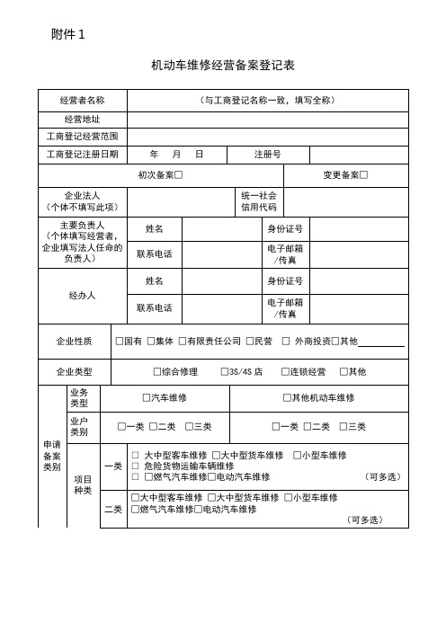 机动车维修备案登记表