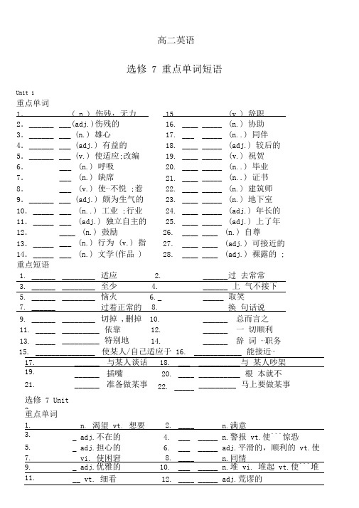 (完整word版)英语人教版高中选修7重点词汇短语检查