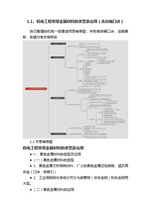 1.1、机电工程常用金属材料的类型及应用（含自编口诀）