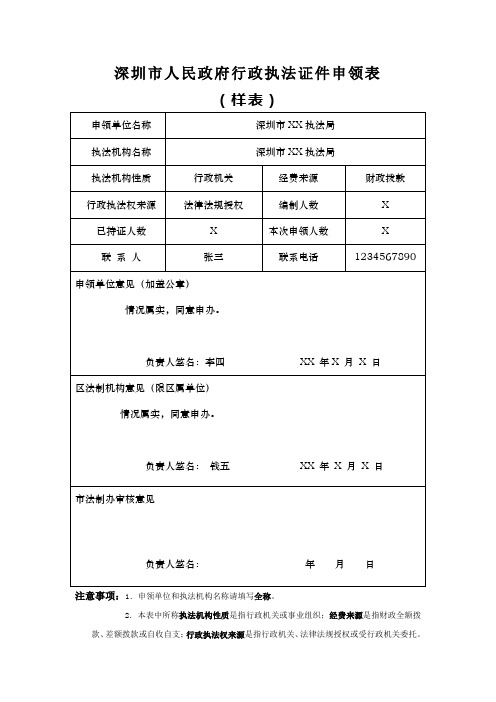 深圳市人民政府行政执法证件申领表