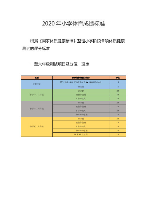 2020年小学体育成绩标准