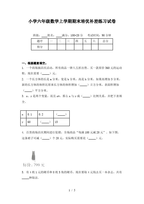 小学六年级数学上学期期末培优补差练习试卷