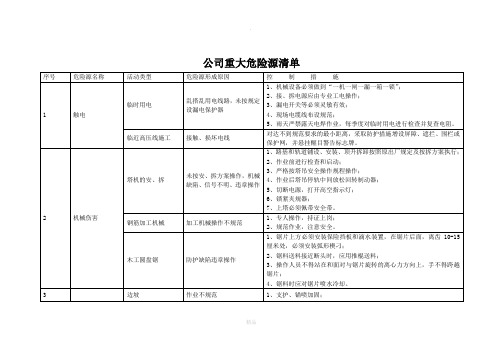 公司重大危险源清单