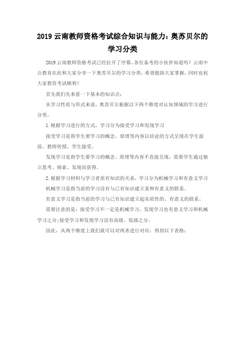 2019云南教师资格考试综合知识与能力：奥苏贝尔的学习分类