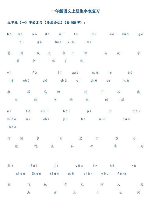 人教版小学一年级语文上册生字表(打印版)