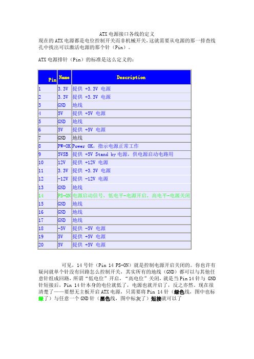 ATX电源接口各线的定义