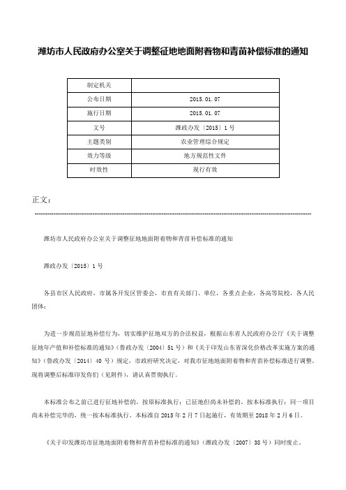 潍坊市人民政府办公室关于调整征地地面附着物和青苗补偿标准的通知-潍政办发〔2015〕1号