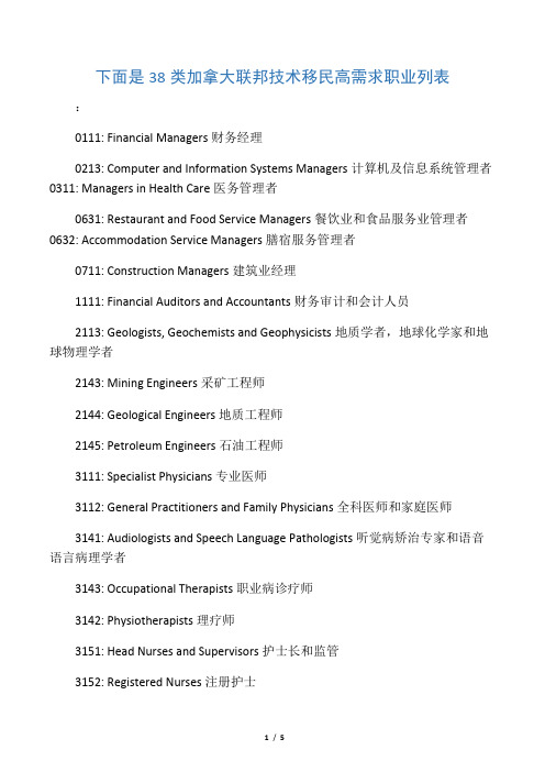 下面是38类加拿大联邦技术移民高需求职业列表