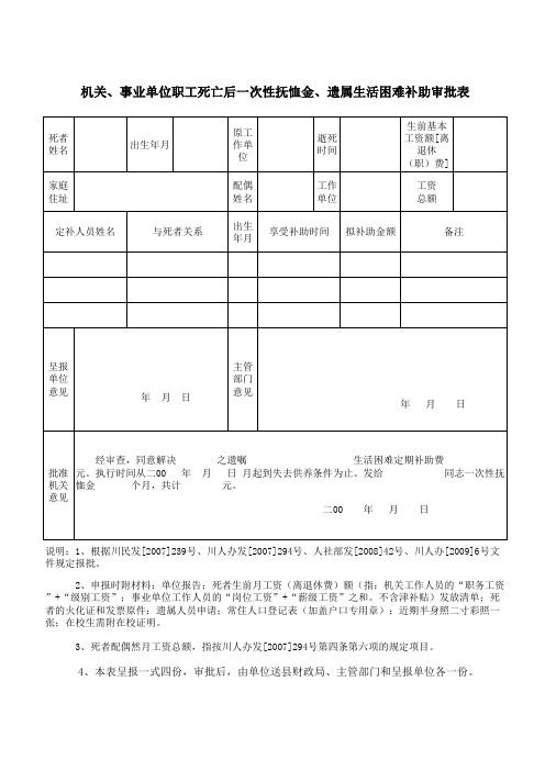 一次性抚恤金、遗属生活困难补助审批表