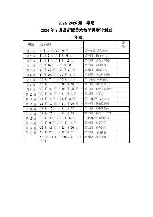 人教版一年级上册美术单元教学进度表2024年9月最新版